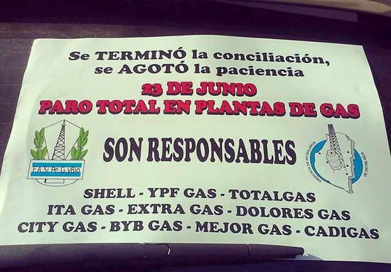 Un paro podría poner en riesgo el abastecimiento de gas
