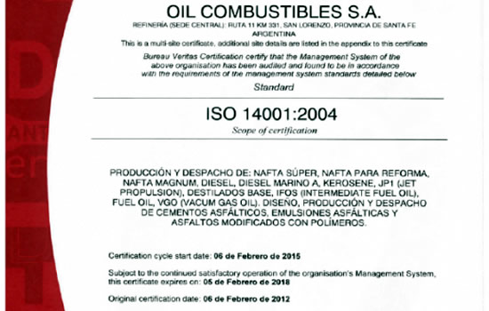 Oil Combustibles logró nuevas certificaciones de calidad para su Refinería San Lorenzo