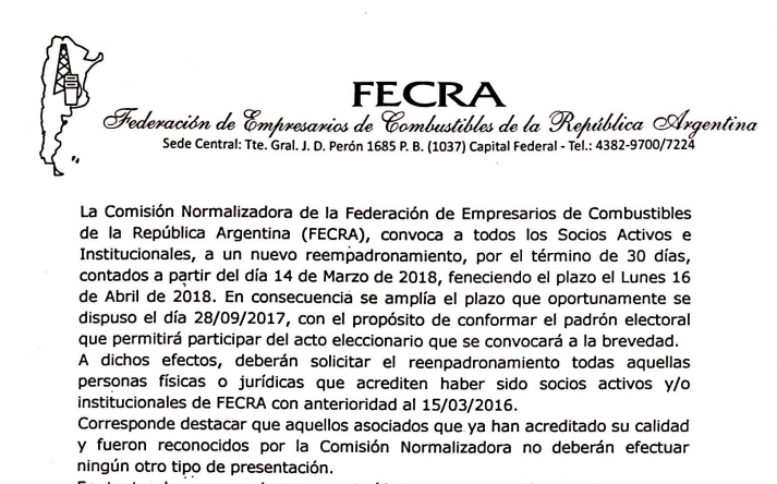 Convocan a los asociados de FECRA a rempadronarse para participar del acto eleccionario
