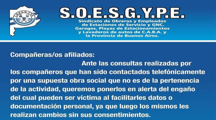 El Sindicato de Estaciones de Servicio advierte sobre falsos vendedores de obras sociales